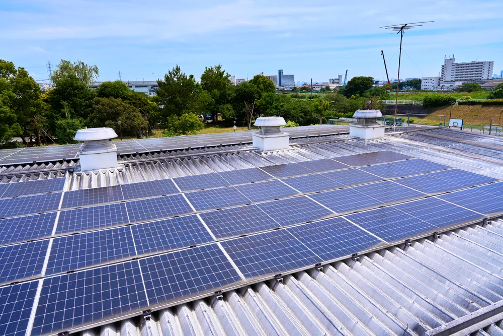 施設の屋根に設置された太陽光発電パネル